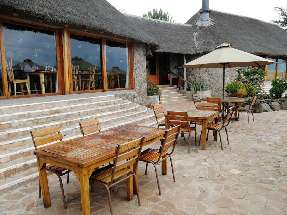 Outdoor tables and chairs on the patio of a thatched building